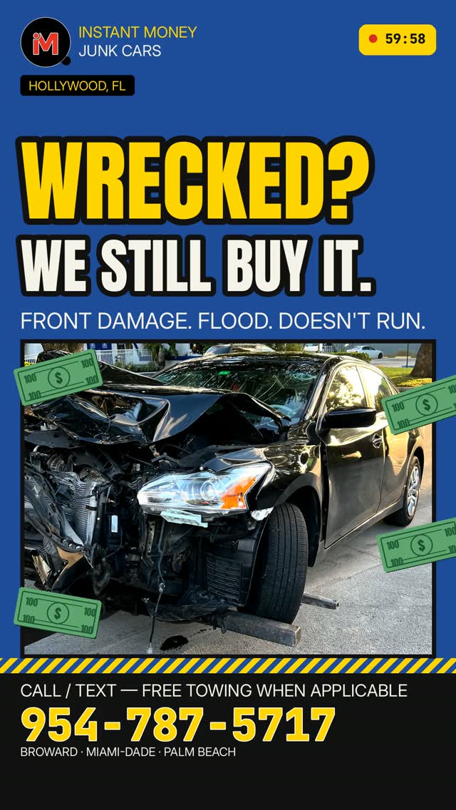 Wrecked car bought for cash in Hollywood, Florida with free towing.